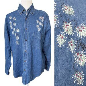 Vintage hand painted denim shirt jacket kitschy winter holiday pinecones